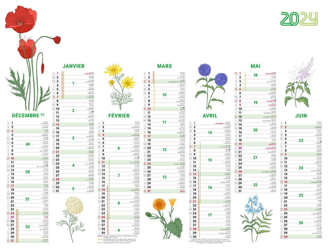 Calendrier bancaire publicitaire souple Herbarium. Existe en formats : 42x59,4 cm, 42x29,7 cm, 29,7x21 cm. Repiquage 1 couleur ou quadrichromie.