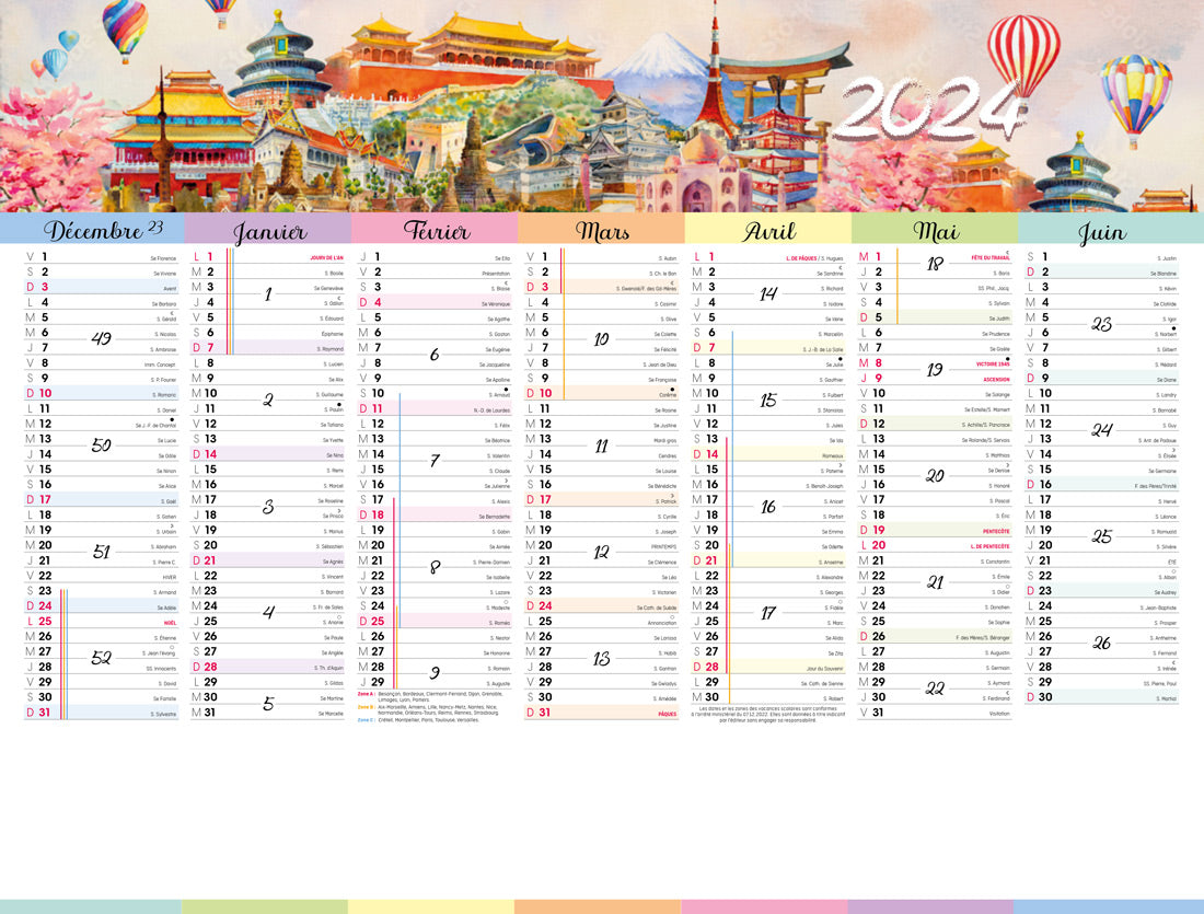 Calendrier bancaire publicitaire souple Voyage. Existe en formats : 42x59,4 cm, 42x29,7 cm, 29,7x21 cm. Repiquage 1 couleur ou quadrichromie.