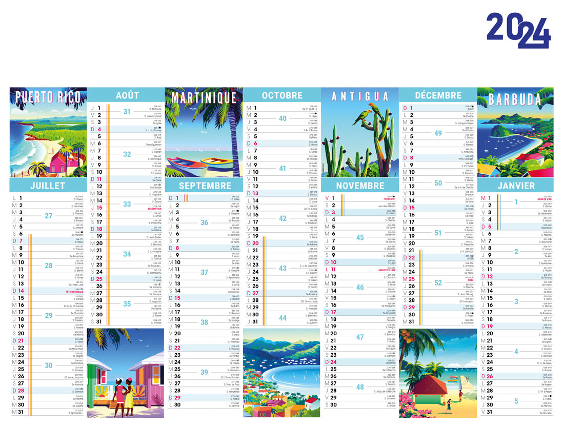 Calendrier bancaire publicitaire souple îles exotiques. Existe en formats : 42x59,4 cm, 42x29,7 cm, 29,7x21 cm. Repiquage 1 couleur ou quadrichromie. 