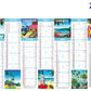 Calendrier bancaire publicitaire souple îles exotiques. Existe en formats : 42x59,4 cm, 42x29,7 cm, 29,7x21 cm. Repiquage 1 couleur ou quadrichromie. 