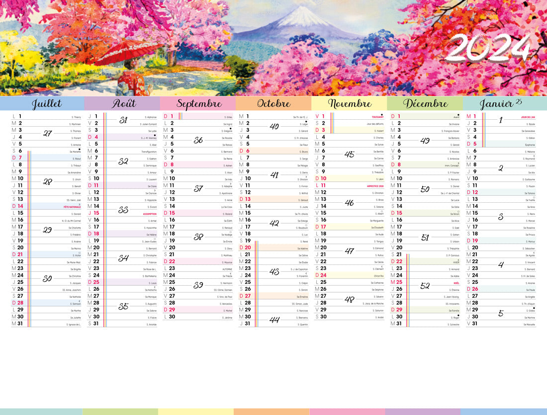 Calendrier bancaire publicitaire rigide Voyage. Existe en formats : 55x43 cm, 55x40,5 cm, 42x32 cm, 26,5x21 cm. Repiquage 1 couleur ou quadrichromie. Contrecollé rembordé.