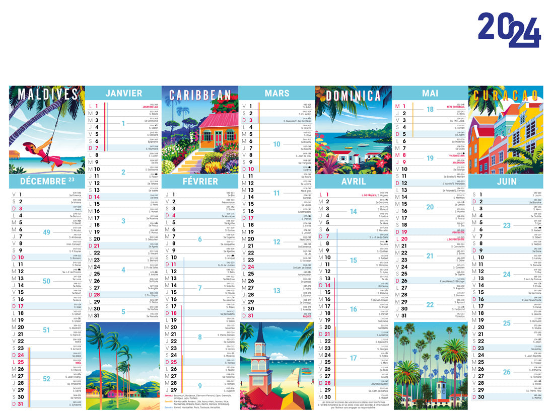 Calendrier bancaire publicitaire rigide îles exotiques. Les calendriers bancaires premium. Existe en formats : 55x43 cm, 55x40,5 cm, 42x32 cm, 26,5x21 cm. Repiquage 1 couleur ou quadrichromie. Contrecollé rembordé.